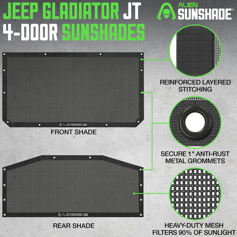 Alien Sunshade Jeep Gladiator Sun Shade Black (2018-2023) Jeep Gladiator Accessories, Front & Rear Mesh Sunshade, 4 Door Top, Reduces Wind & Noise Universal Fit - Image 2